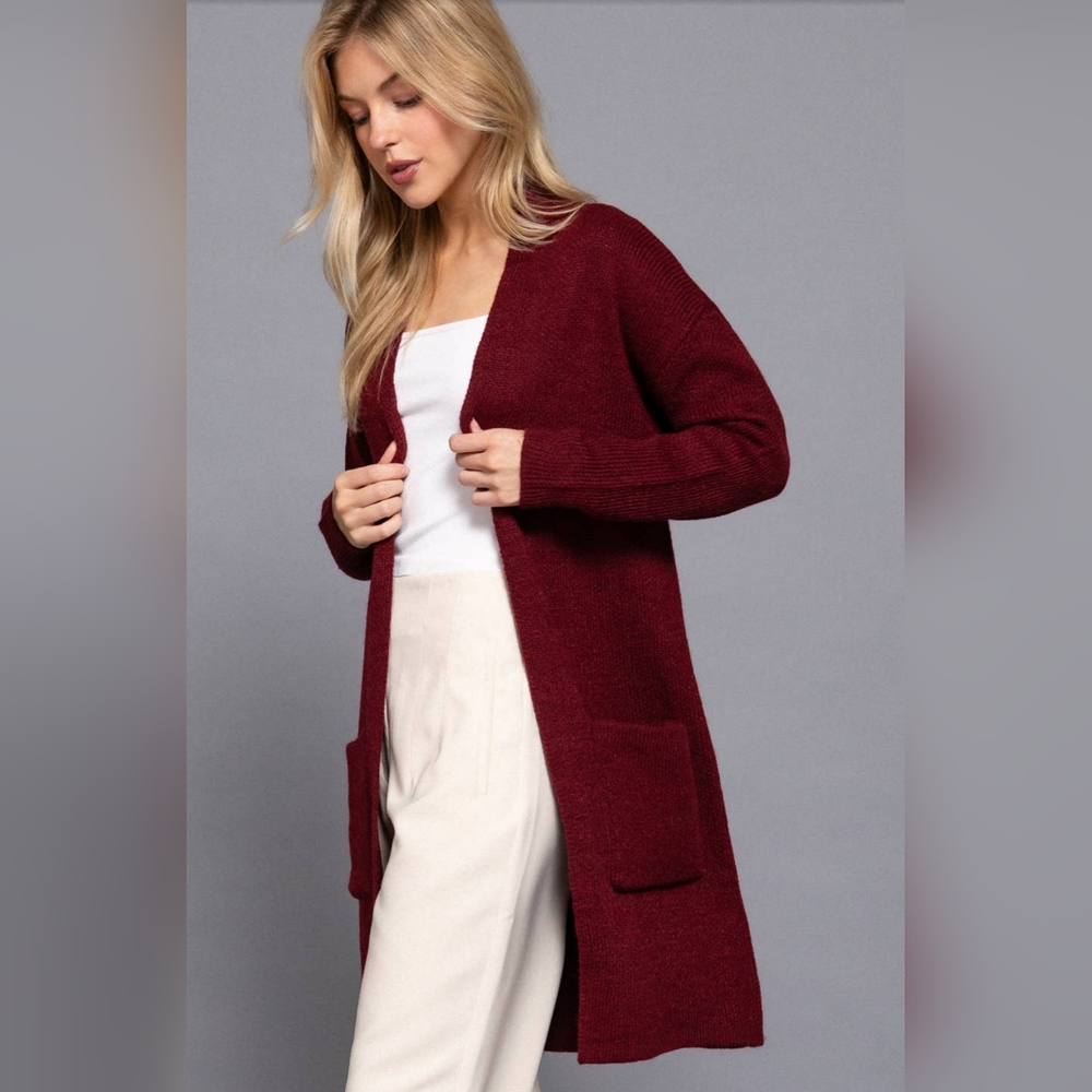 Burgundy Open front Long sleeve cardigan